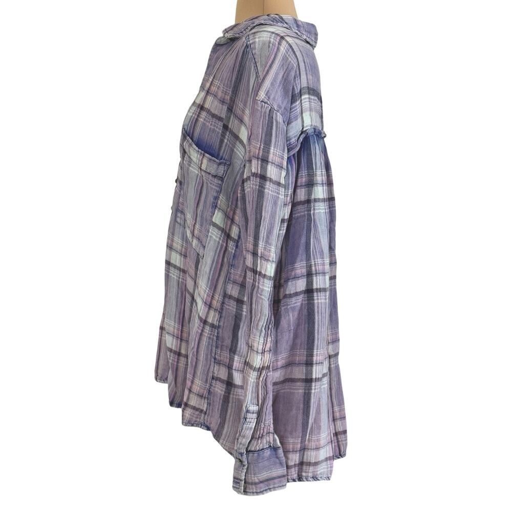 FREE PEOPLE Washed Away Plaid Pullover Top Purple Flannel Asymmetrical Size L - Picture 11 of 12